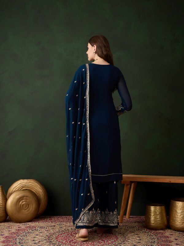 Embroidered Faux Georgette Kurta Sharara Set with Dupatta - Rama Green Ethnic Wear