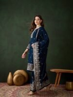 Embroidered Faux Georgette Kurta Sharara Set with Dupatta - Rama Green Ethnic Wear