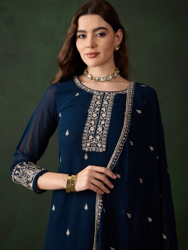 Embroidered Faux Georgette Kurta Sharara Set with Dupatta - Rama Green Ethnic Wear