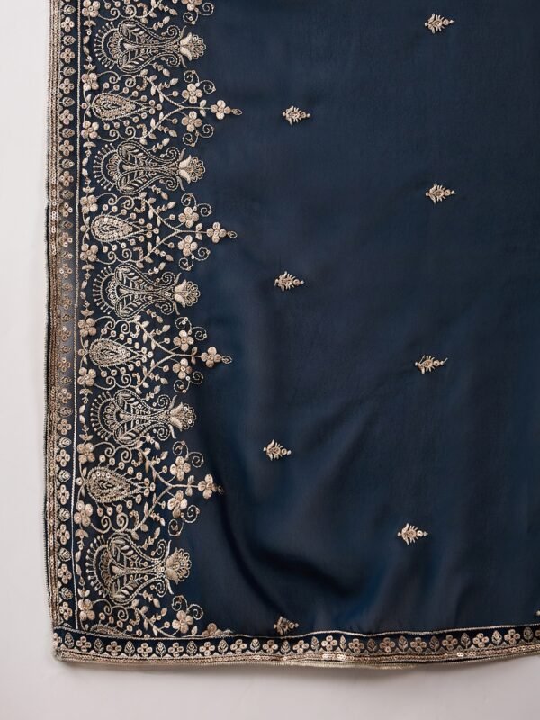 Embroidered Faux Georgette Kurta Sharara Set with Dupatta - Rama Green Ethnic Wear