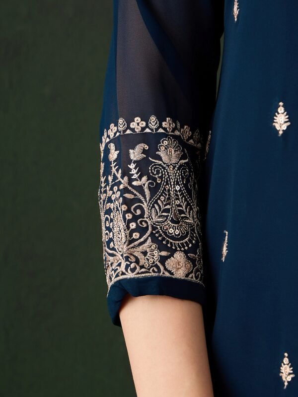 Embroidered Faux Georgette Kurta Sharara Set with Dupatta - Rama Green Ethnic Wear