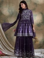 Elegant Purple Embroidered Short Flared Kurta Lehenga Set with Round Neck & Dupatta