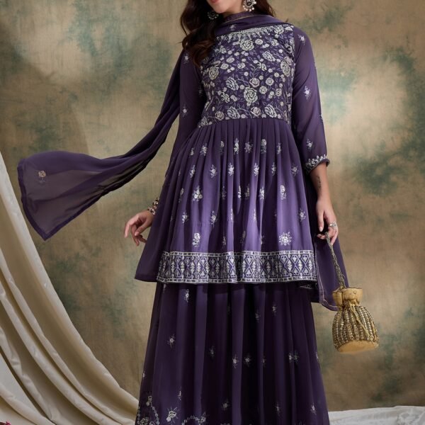 Elegant Purple Embroidered Short Flared Kurta Lehenga Set with Round Neck & Dupatta