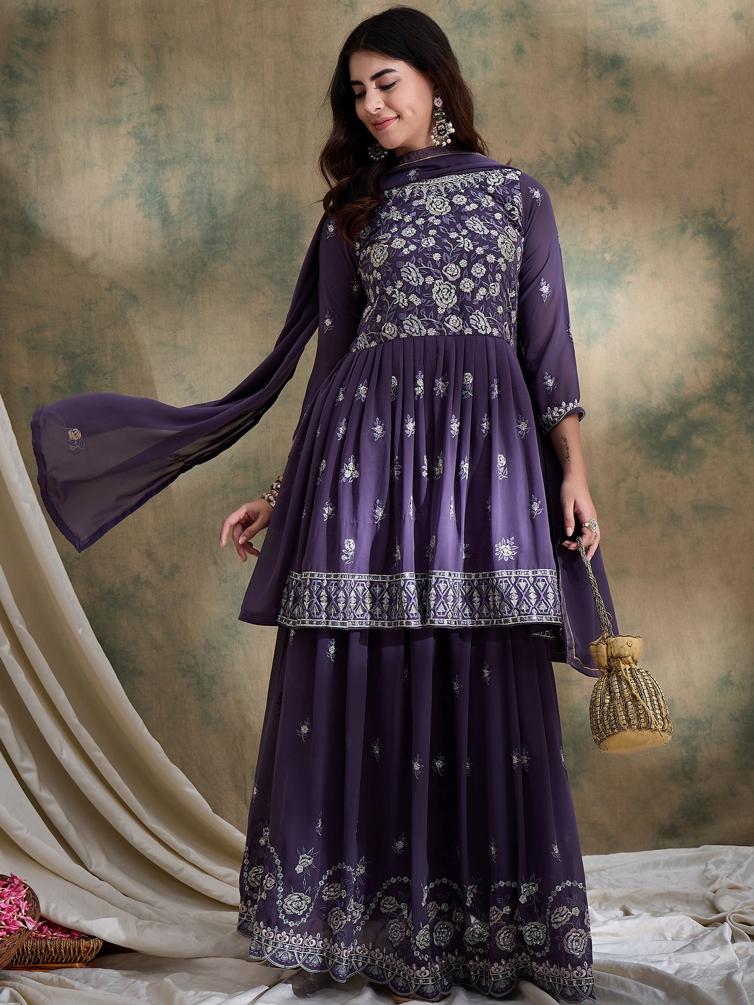 Elegant Purple Embroidered Short Flared Kurta Lehenga Set with Round Neck & Dupatta