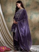 Elegant Purple Embroidered Short Flared Kurta Lehenga Set with Round Neck & Dupatta
