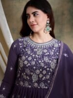 Elegant Purple Embroidered Short Flared Kurta Lehenga Set with Round Neck & Dupatta
