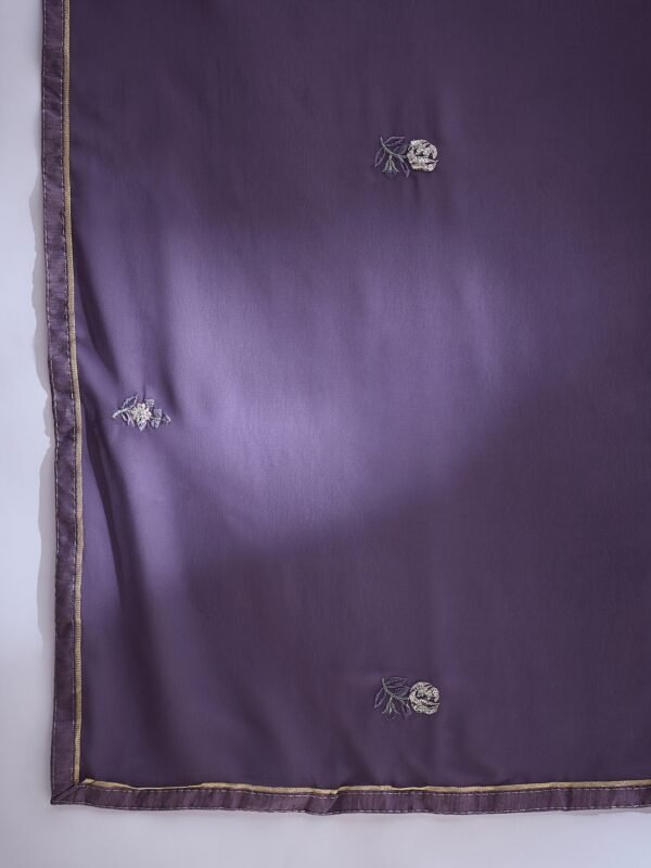 Elegant Purple Embroidered Short Flared Kurta Lehenga Set with Round Neck & Dupatta