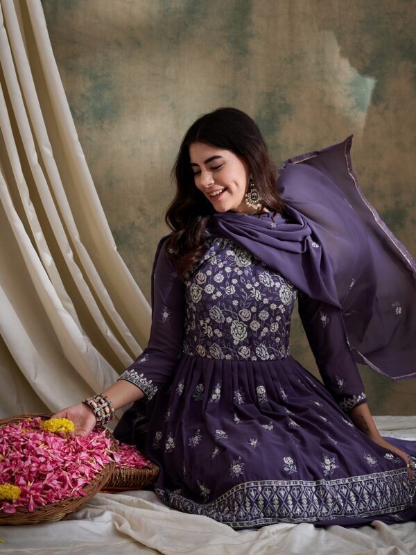 Elegant Purple Embroidered Short Flared Kurta Lehenga Set with Round Neck & Dupatta