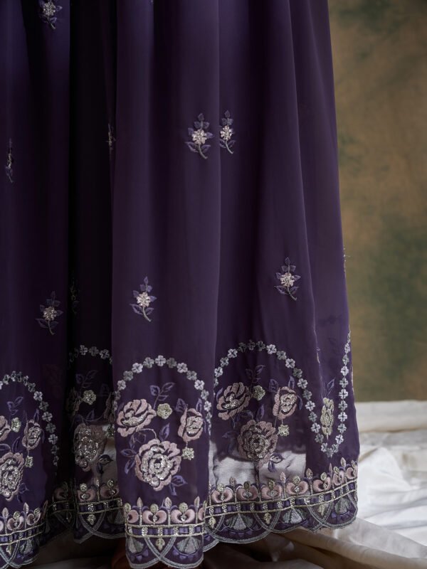 Elegant Purple Embroidered Short Flared Kurta Lehenga Set with Round Neck & Dupatta