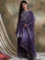 Elegant Purple Embroidered Short Flared Kurta Lehenga Set with Round Neck & Dupatta