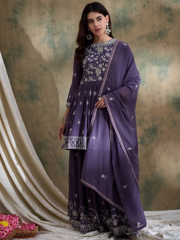 Elegant Purple Embroidered Short Flared Kurta Lehenga Set with Round Neck & Dupatta