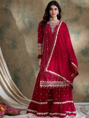 Elegant Pink Embroidered Straight Kurta Sharara Set with Round Neck & Regular Sleeves