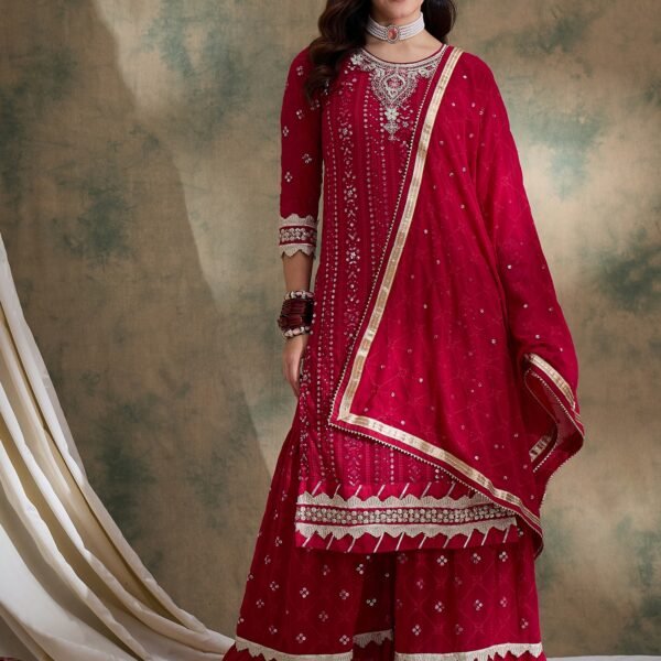Elegant Pink Embroidered Straight Kurta Sharara Set with Round Neck & Regular Sleeves