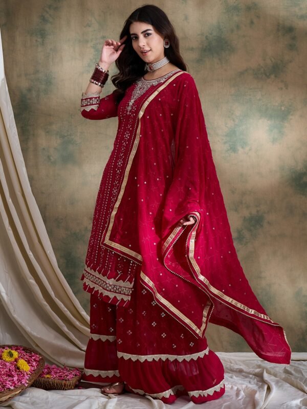 Elegant Pink Embroidered Straight Kurta Sharara Set with Round Neck & Regular Sleeves