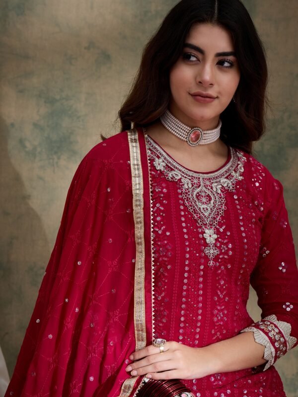 Elegant Pink Embroidered Straight Kurta Sharara Set with Round Neck & Regular Sleeves