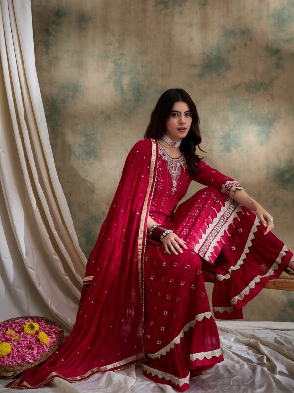 Elegant Pink Embroidered Straight Kurta Sharara Set with Round Neck & Regular Sleeves