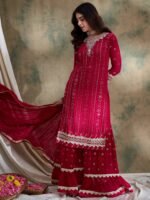 Elegant Pink Embroidered Straight Kurta Sharara Set with Round Neck & Regular Sleeves