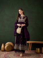 Regal Purple Embroidered Nayra Cut Kurta Palazzo Set with Round Neck & Full Length Kurta