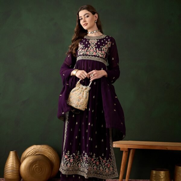 Regal Purple Embroidered Nayra Cut Kurta Palazzo Set with Round Neck & Full Length Kurta