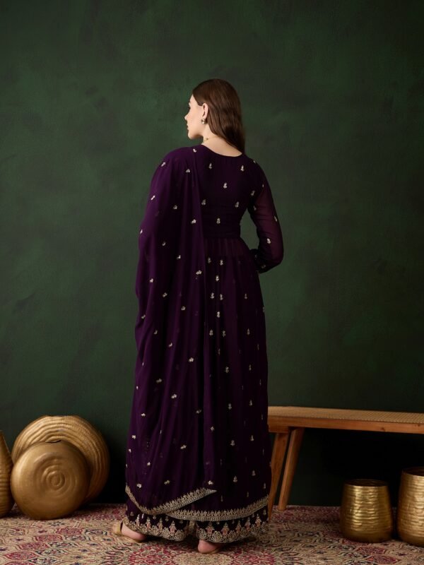 Regal Purple Embroidered Nayra Cut Kurta Palazzo Set with Round Neck & Full Length Kurta