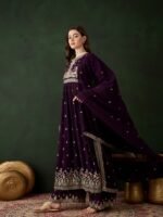Regal Purple Embroidered Nayra Cut Kurta Palazzo Set with Round Neck & Full Length Kurta