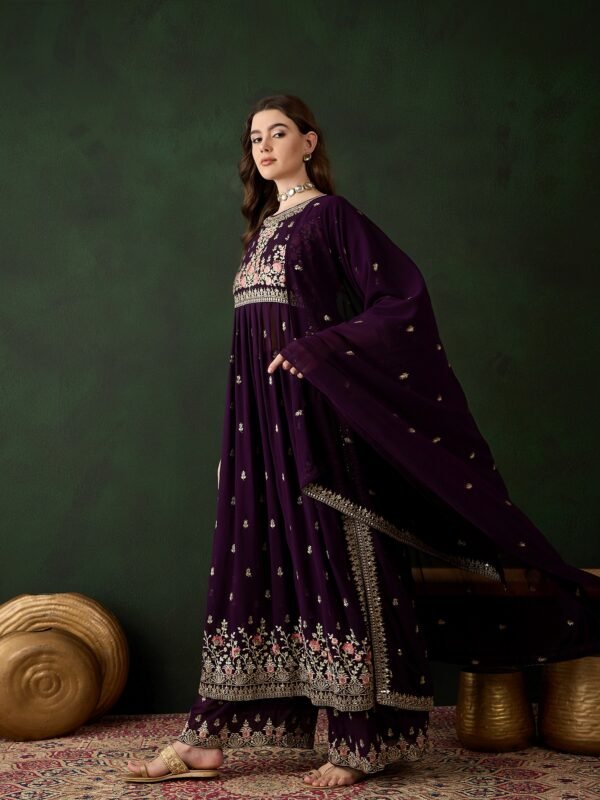 Regal Purple Embroidered Nayra Cut Kurta Palazzo Set with Round Neck & Full Length Kurta