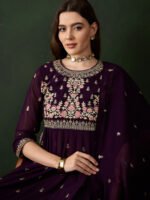 Regal Purple Embroidered Nayra Cut Kurta Palazzo Set with Round Neck & Full Length Kurta