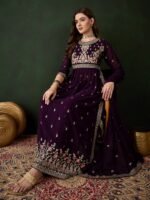 Regal Purple Embroidered Nayra Cut Kurta Palazzo Set with Round Neck & Full Length Kurta