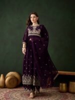 Regal Purple Embroidered Nayra Cut Kurta Palazzo Set with Round Neck & Full Length Kurta
