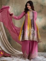 Charming Pink Embroidered Flared Top Kurta Sharara Set with Round Neck & Regular Sleeves