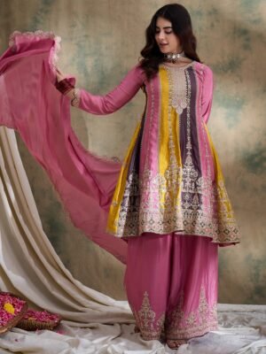 Charming Pink Embroidered Flared Top Kurta Sharara Set with Round Neck & Regular Sleeves