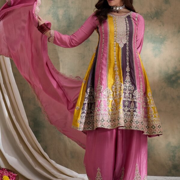 Charming Pink Embroidered Flared Top Kurta Sharara Set with Round Neck & Regular Sleeves