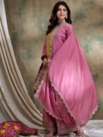 Charming Pink Embroidered Flared Top Kurta Sharara Set with Round Neck & Regular Sleeves