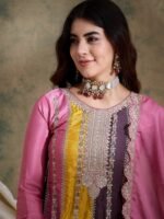 Charming Pink Embroidered Flared Top Kurta Sharara Set with Round Neck & Regular Sleeves