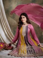 Charming Pink Embroidered Flared Top Kurta Sharara Set with Round Neck & Regular Sleeves