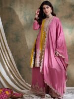 Charming Pink Embroidered Flared Top Kurta Sharara Set with Round Neck & Regular Sleeves
