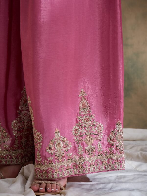 Charming Pink Embroidered Flared Top Kurta Sharara Set with Round Neck & Regular Sleeves