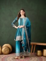 Elegant Blue Embroidered Flared Top Kurta Sharara Set with Round Neck & Regular Sleeves