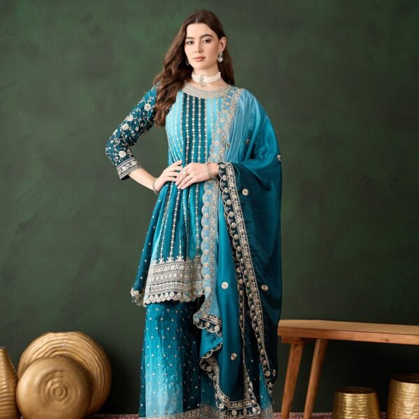 Elegant Blue Embroidered Flared Top Kurta Sharara Set with Round Neck & Regular Sleeves