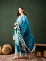 Elegant Blue Embroidered Flared Top Kurta Sharara Set with Round Neck & Regular Sleeves
