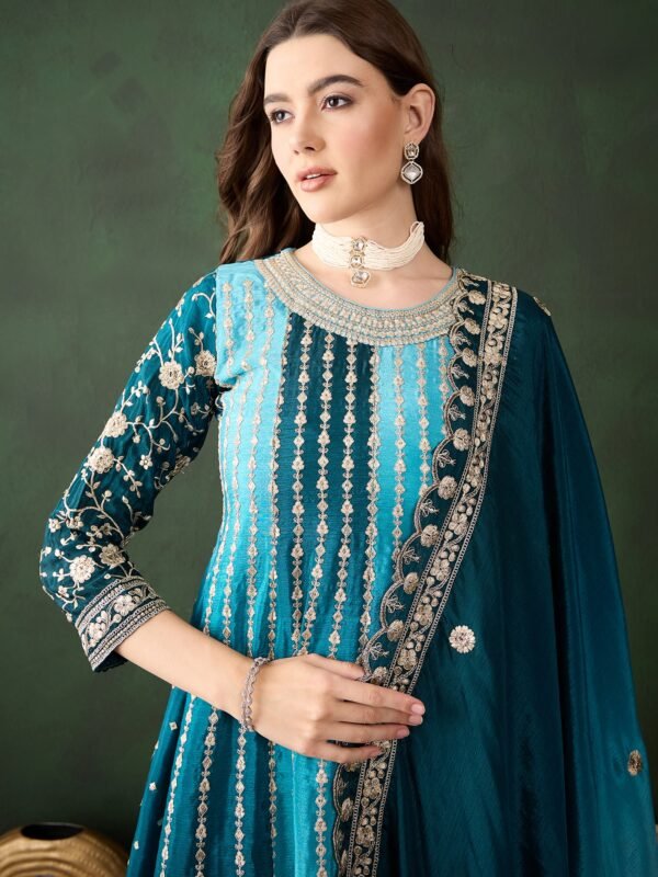 Elegant Blue Embroidered Flared Top Kurta Sharara Set with Round Neck & Regular Sleeves