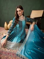 Elegant Blue Embroidered Flared Top Kurta Sharara Set with Round Neck & Regular Sleeves