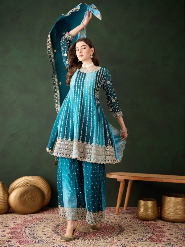 Elegant Blue Embroidered Flared Top Kurta Sharara Set with Round Neck & Regular Sleeves