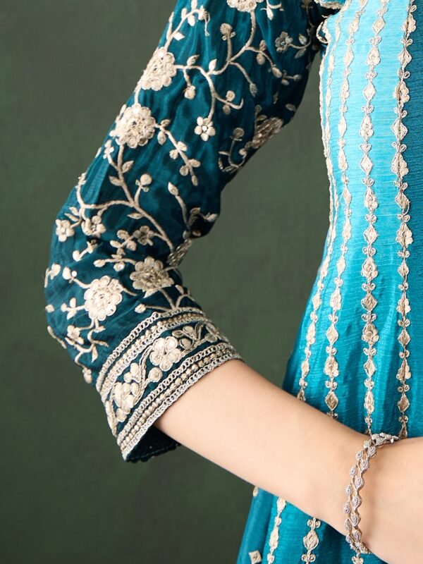 Elegant Blue Embroidered Flared Top Kurta Sharara Set with Round Neck & Regular Sleeves