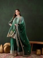 Elegant Green Embroidered Flared Top Kurta Sharara Set with Round Neck & Regular Sleeves