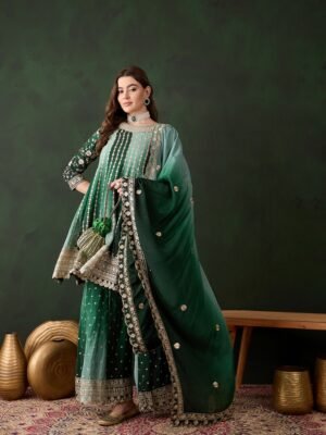 Elegant Green Embroidered Flared Top Kurta Sharara Set with Round Neck & Regular Sleeves