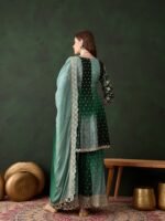 Elegant Green Embroidered Flared Top Kurta Sharara Set with Round Neck & Regular Sleeves