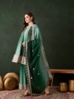 Elegant Green Embroidered Flared Top Kurta Sharara Set with Round Neck & Regular Sleeves