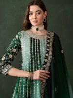 Elegant Green Embroidered Flared Top Kurta Sharara Set with Round Neck & Regular Sleeves