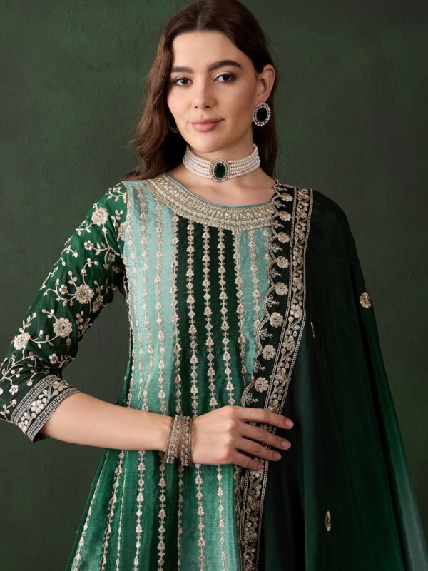 Elegant Green Embroidered Flared Top Kurta Sharara Set with Round Neck & Regular Sleeves